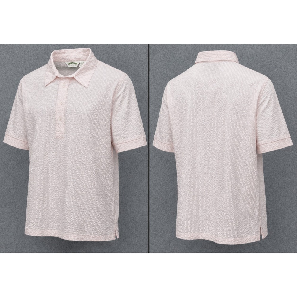 Orvis Polo Shirt Mens Large Pink Seersucker Short Sleeve Textured Preppy Coastal